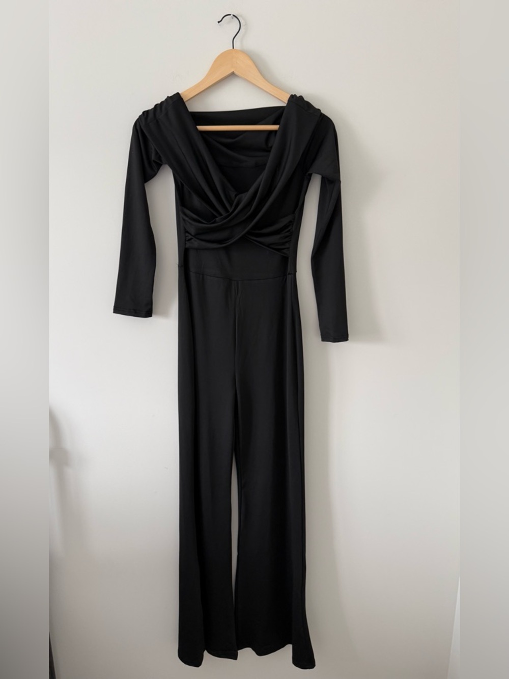 Black Draped Neck Long Sleeve Wide Leg Jumpsuit (size small)